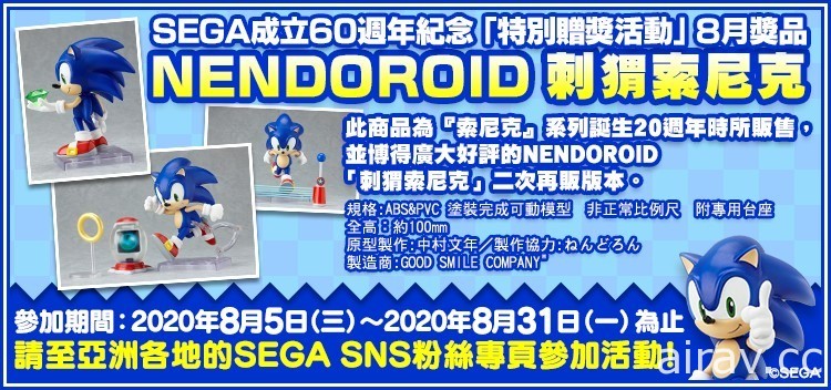 SEGA 成立 60 周年“特别赠奖活动”现正举办中！8 月活动赠品为“黏土人 刺猬索尼克”