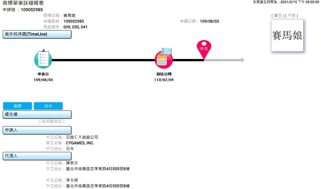 經濟部智慧財產局頁面顯示 Cygames 於台灣註冊《賽馬娘》《馬娘》商標