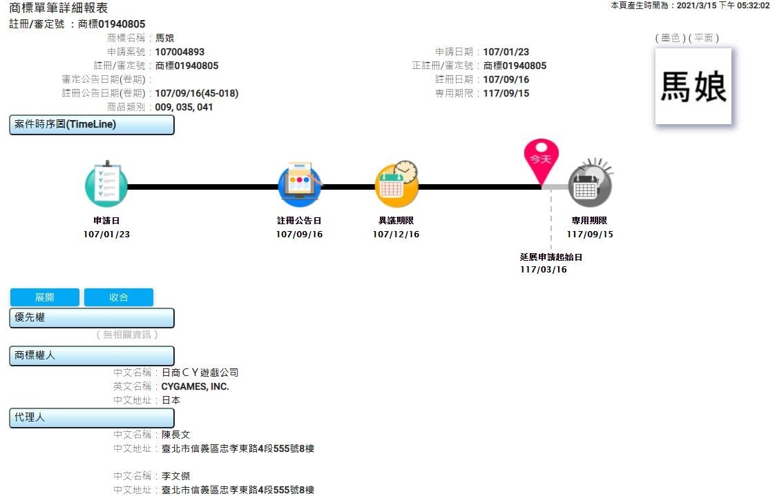 经济部智慧财产局页面显示 Cygames 于台湾注册《赛马娘》《马娘》商标